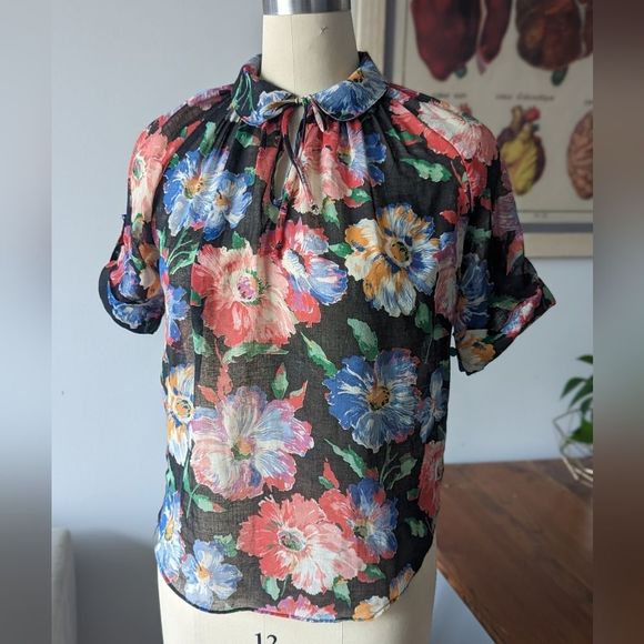 Floral gauzy vintage tie neck peter pan collar blouse M - Picture 2 of 15